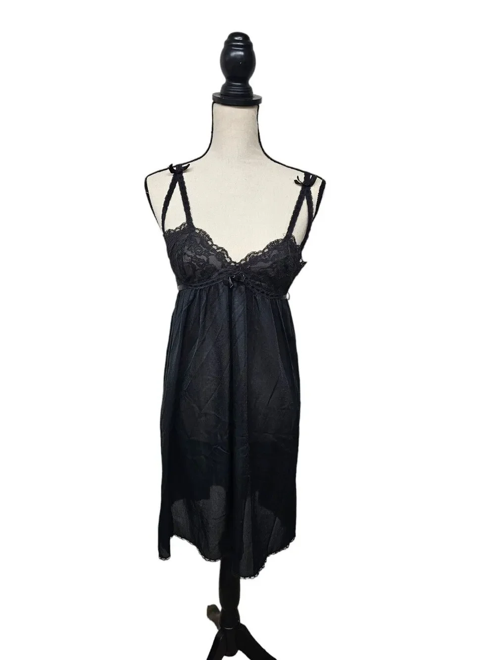 VTG Hollywood Womens Satin Midi Slip Dress Size 34 L Coquette Y2K Lace Bows